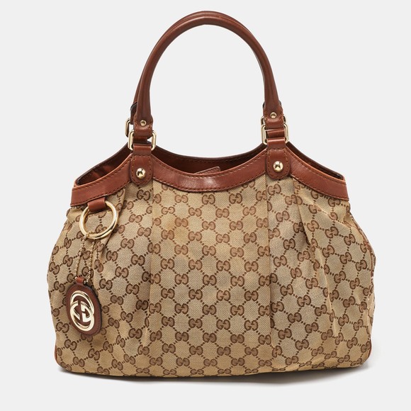 Gucci Handbags - GUCCI Beige/Brown GG Canvas and Leather Medium Sukey Tote